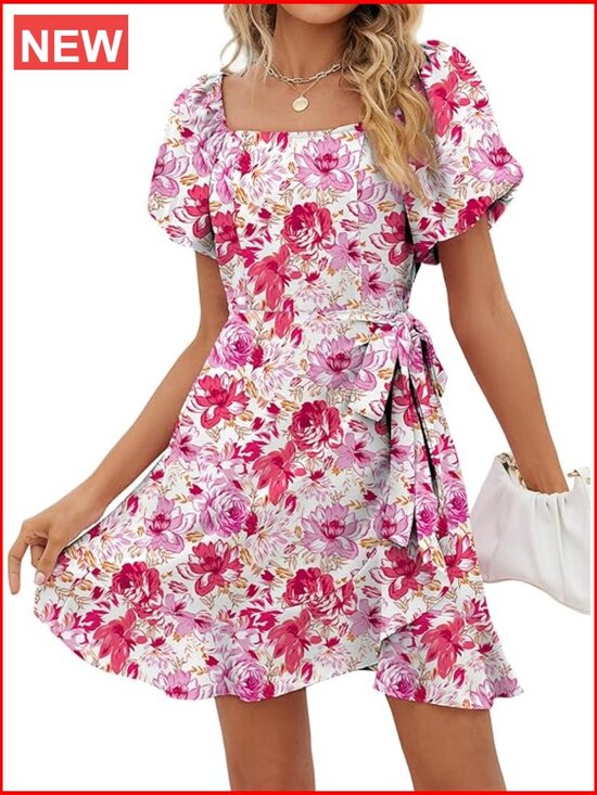 Dresses & Skirts - Summer Dress Square Neck Puff Sleeve Tie Waist 100% Polyester